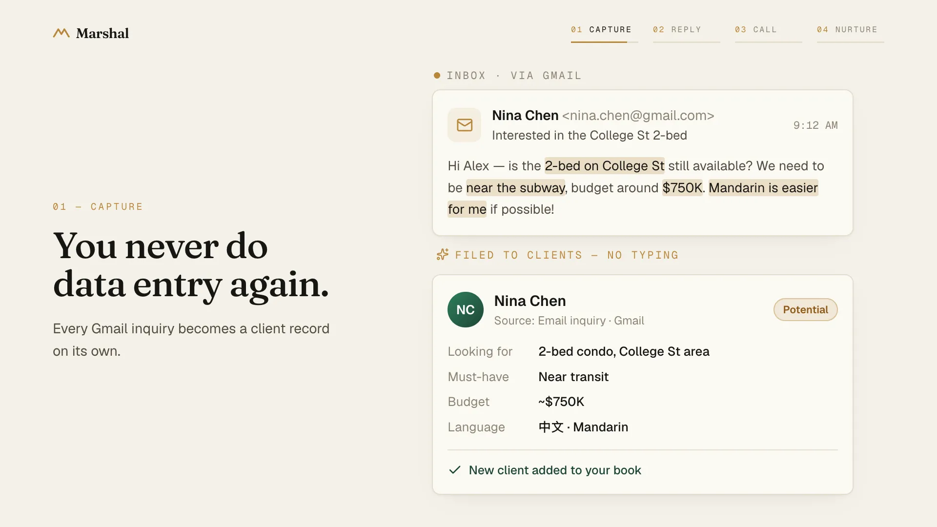 Marshal turning a Gmail inquiry into a new client record