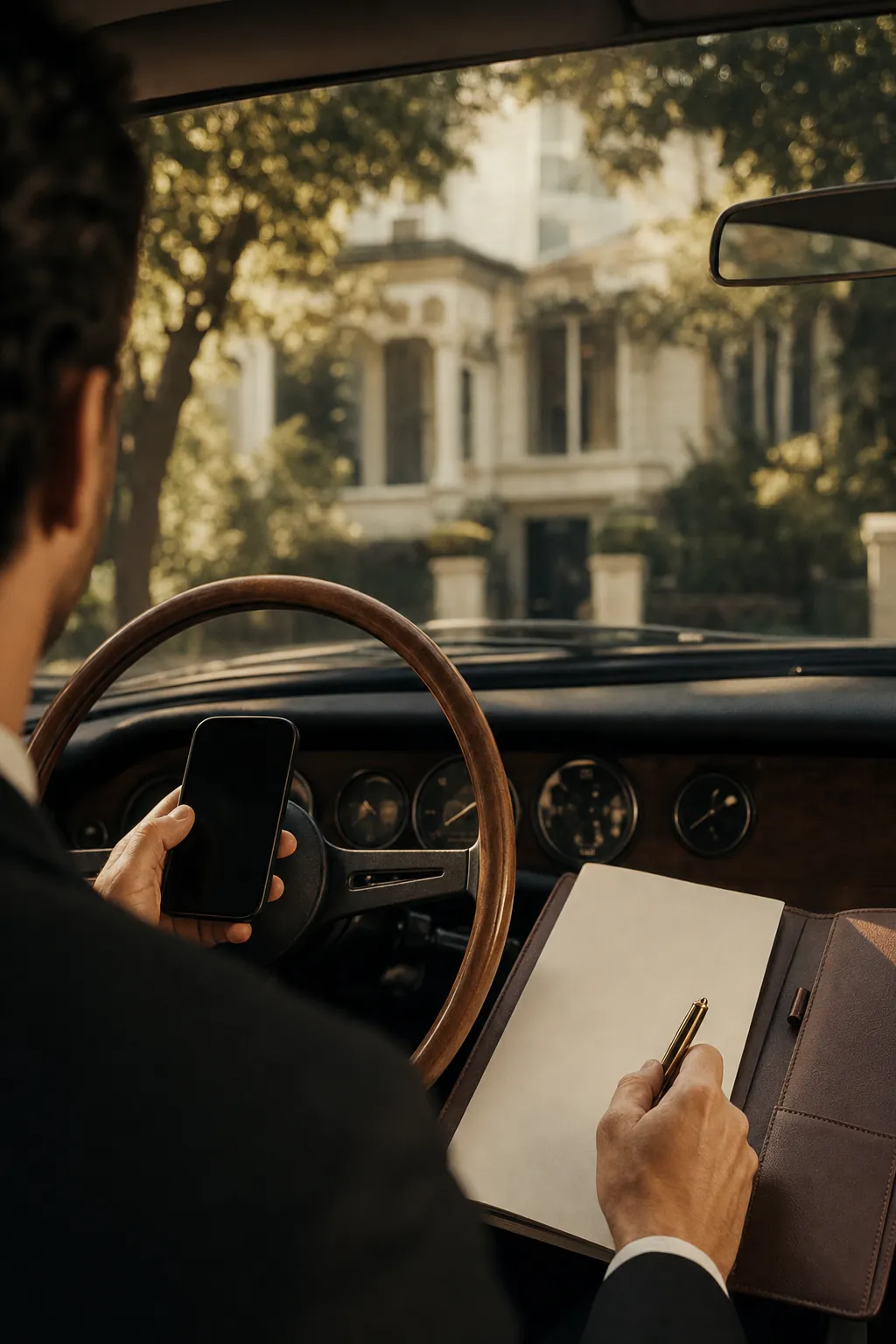 Over-the-shoulder from a parked car — a broker working the phone between showings.