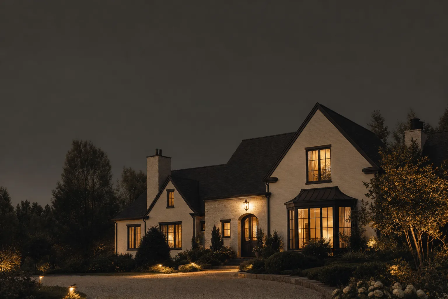 A North American home at blue-hour dusk, warm light glowing from the windows.