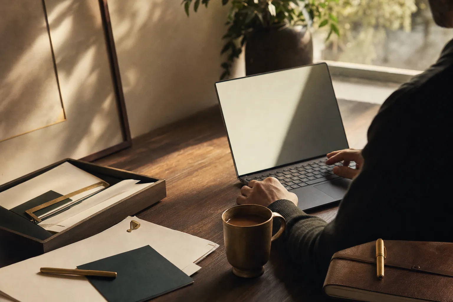 A broker at a sunlit wooden desk reviewing work — quiet competence and control.
